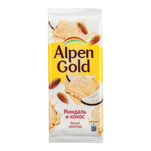 Шоколад Alpen Gold белый с миндалём и кокосом